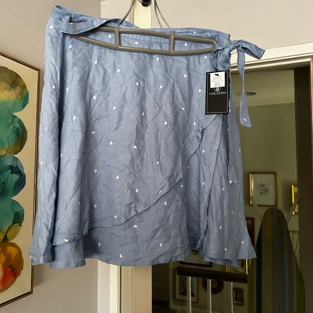 Volcom Dusty Blue Tie-Waist Skirt with White Dot Accents